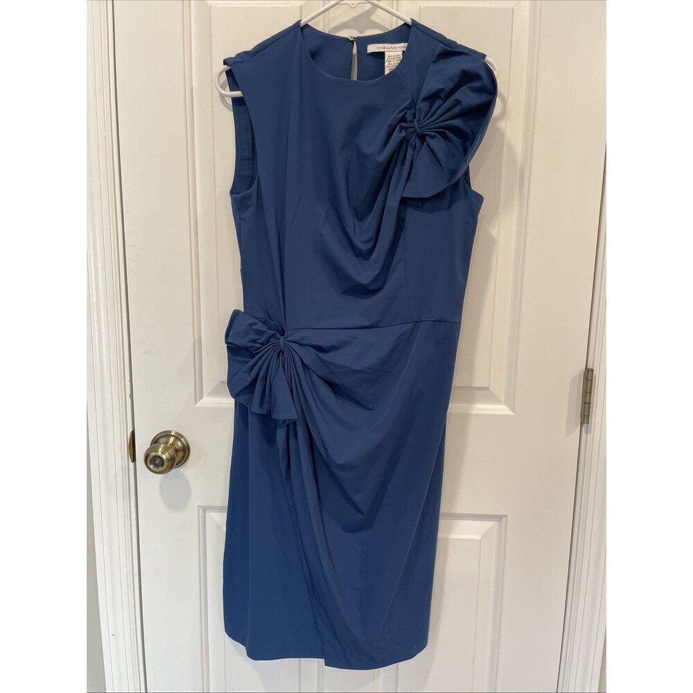 Diane von Furstenberg DVF Blue Sleeveless Front Tie Belt Sheath Dress Size 10
